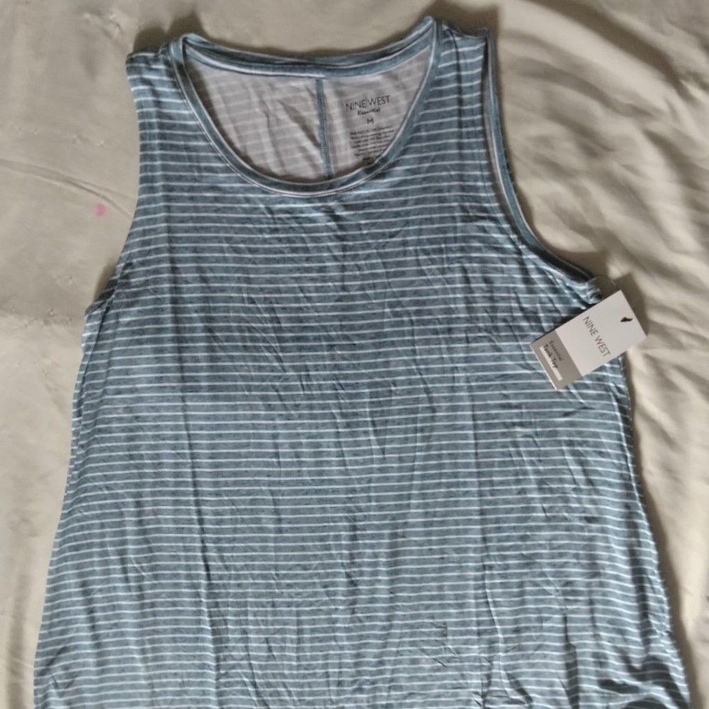 NWT Women's Nine West Blue/White Striped Loose Fit Essential Tank Top - Medium
